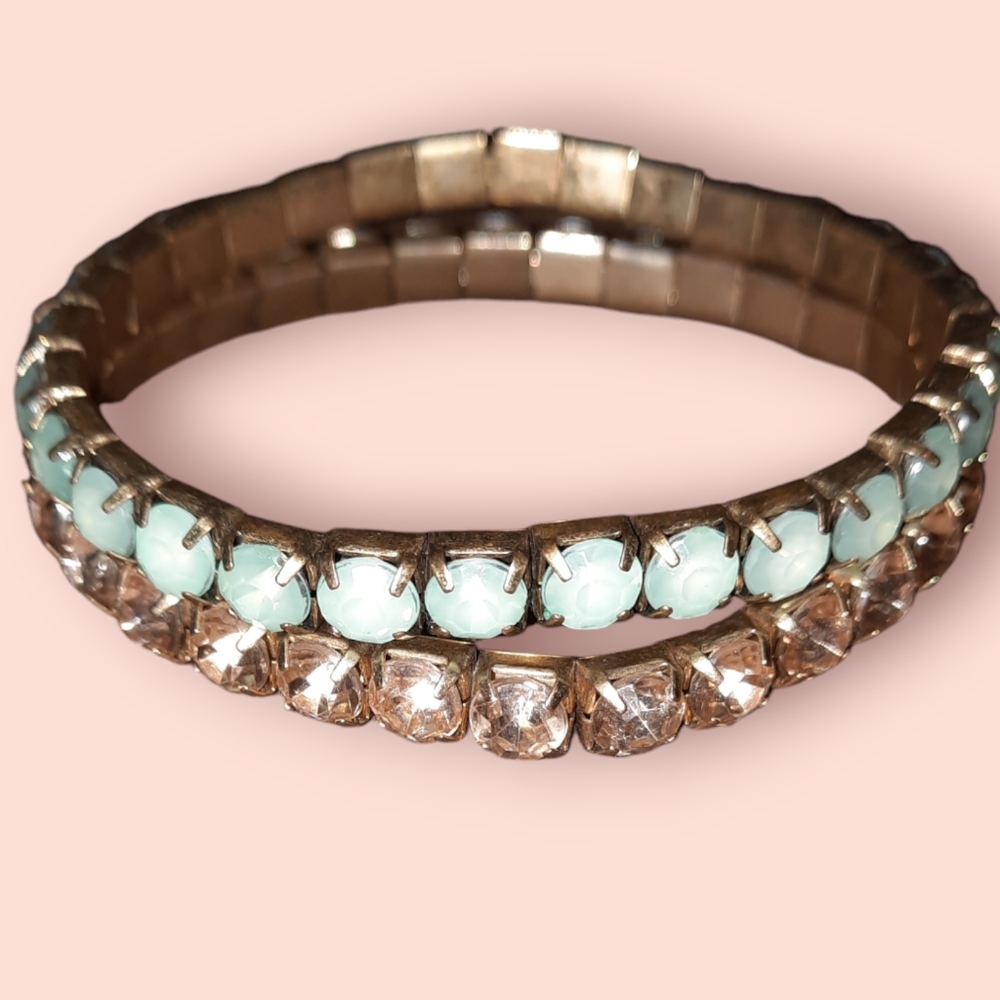 Set two rhinestone vintage stretch bracelets minty green and pale pink